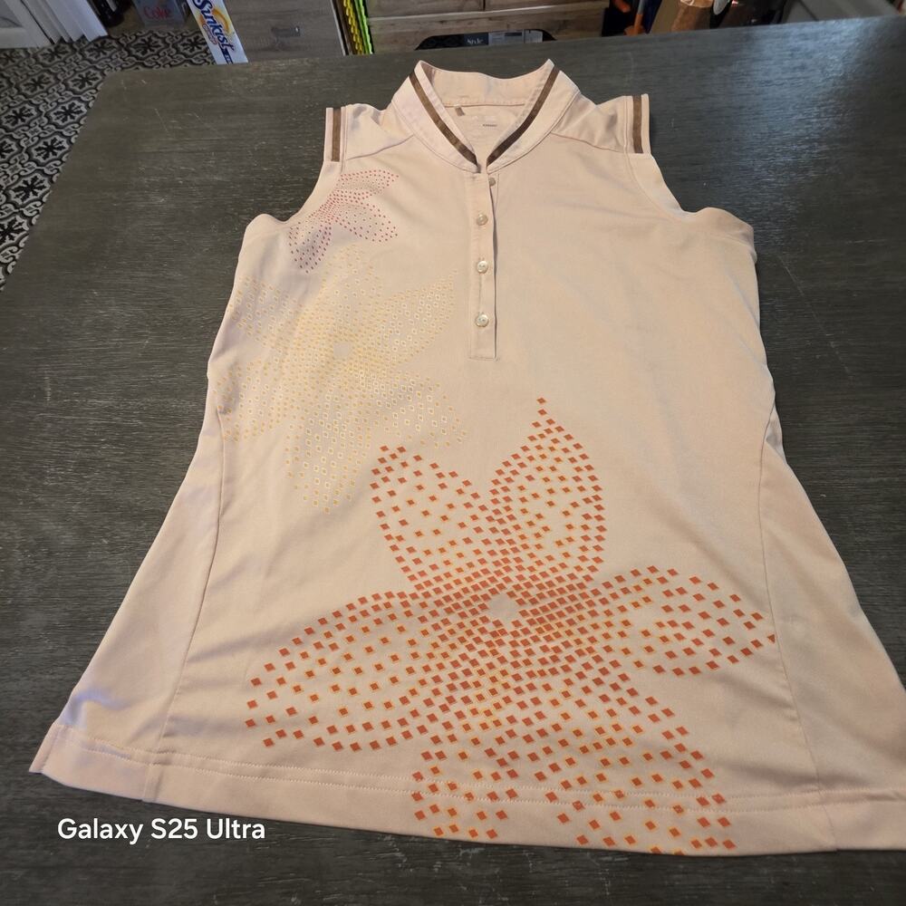 Adidas Golf Climacool Sleeveless Golf Polo Shirt Peach Melon Floral‎ Womens S